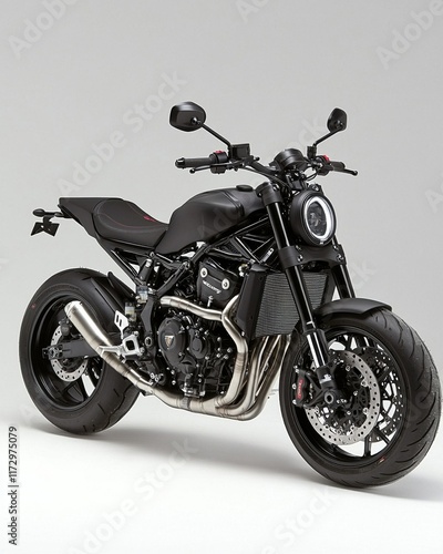 High-performance matte black motorcycle showcase studio image minimalist close-up style and design photo