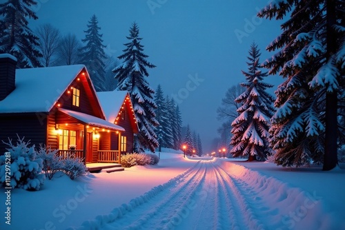 Winter landscape with long exposure shot of Christmas lights, frozen scenery, frosty air photo