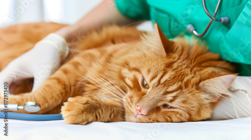 Cute kitten undergoing examination at veterinary clinic for promotional poster.  photo