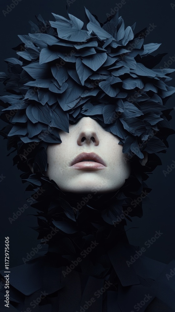 Dark moody portrait of a figure with leaf-like texture studio gothic mystery close-up view Dark moody portrait of a figure with leaf-like texture studio gothic mystery close-up view