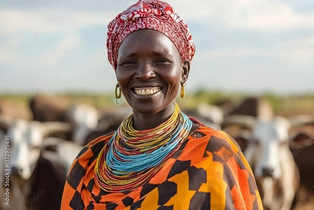 South sudanese cattle herder smiling with livestock in background South sudanese cattle herder smiling with livestock in background