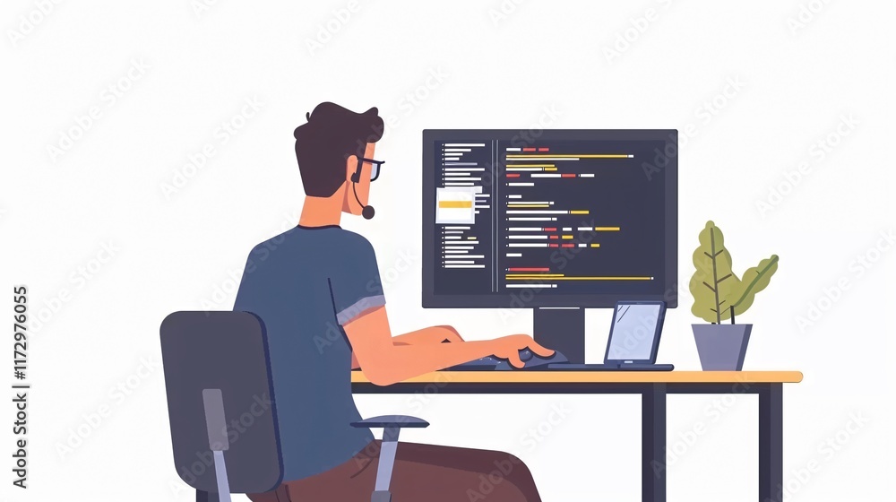 Professional Programmer Coding Concept: A Man at Computer Desk Working on Code Professional Programmer Coding Concept: A Man at Computer Desk Working on Code