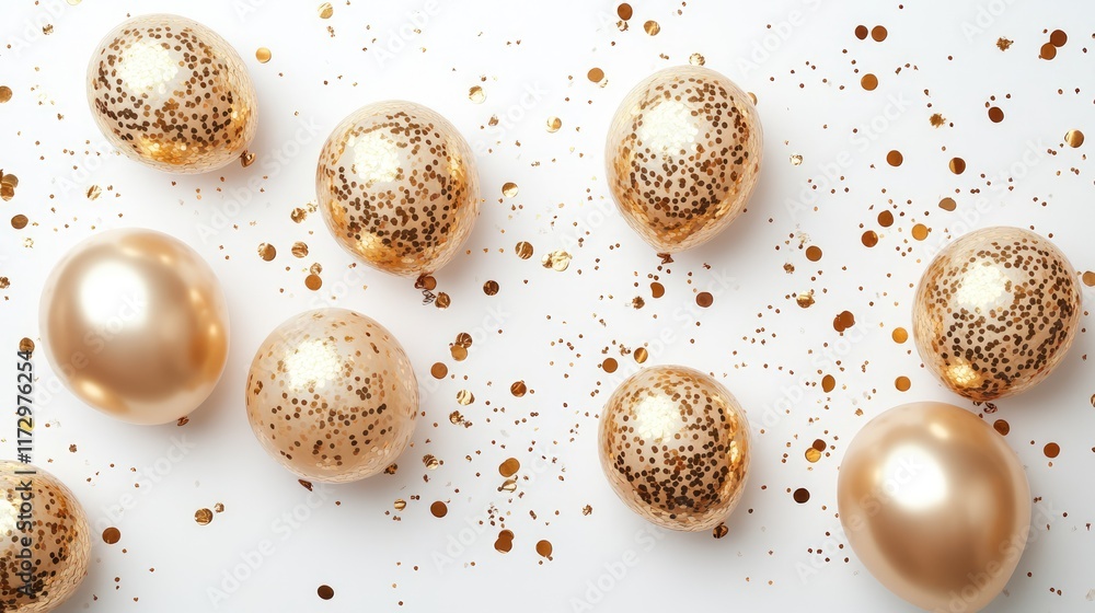 Fototapeta premium Gold shiny confetti and gold balloons on white background, middle has open space for your message copy, Celebration and party invitation concept