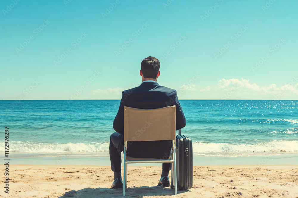 Fototapeta premium Businessman person sitting on the beach