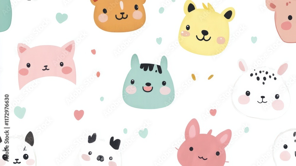 Fototapeta premium Adorable Cartoon Animal Faces Pattern Background