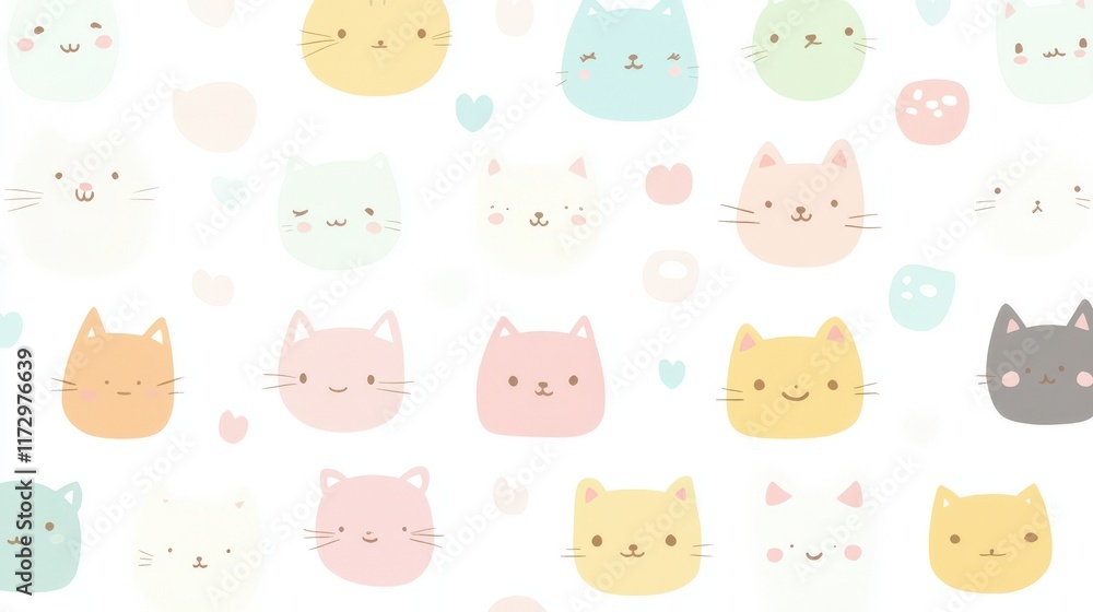 Obraz premium Adorable Pastel Cats Pattern White Background