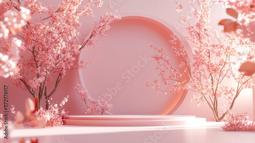 A round stage arch with a pink background, adorned with peach blossoms, creating a minimalist and elegant podium display, perfect for events, presentations, or photoshoots.

