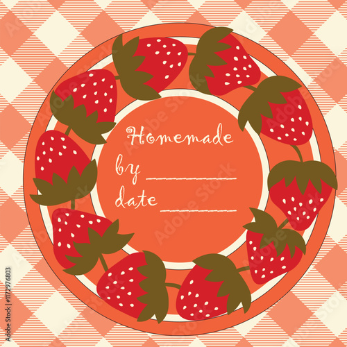Template jam label design. Retro homemade label. Strawberry marmalade dessert product. Doodle vector illustration.