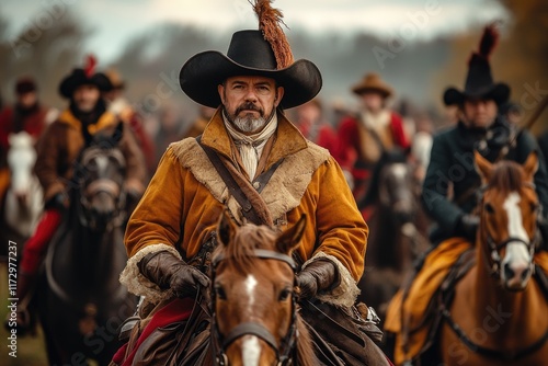 Seventeenth century military officer leading horseback soldiers in battlefield reenactment