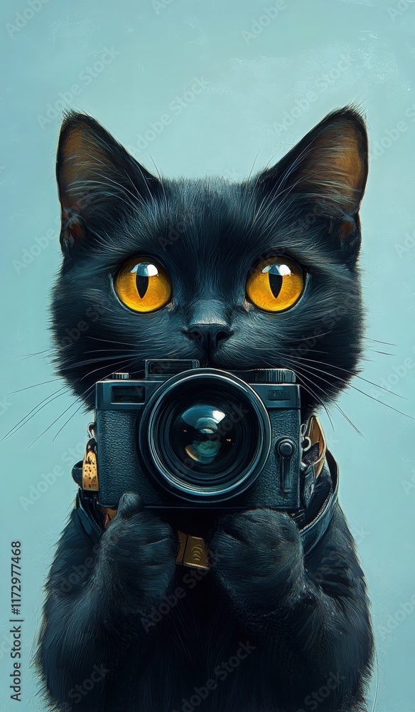 Black cat with yellow eyes holds camera in mouth against light blue background Black cat with yellow eyes holds camera in mouth against light blue background