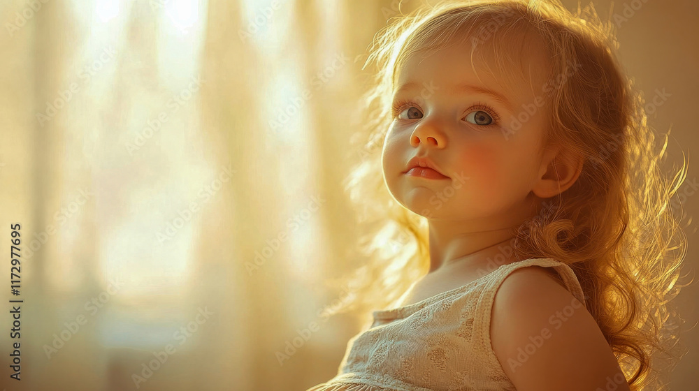 Portrait of a curious toddler with golden hair, bathed in warm sunlight, looking away. Ideal for childhood, innocence, and warmth concepts Portrait of a curious toddler with golden hair, bathed in warm sunlight, looking away. Ideal for childhood, innocence, and warmth concepts