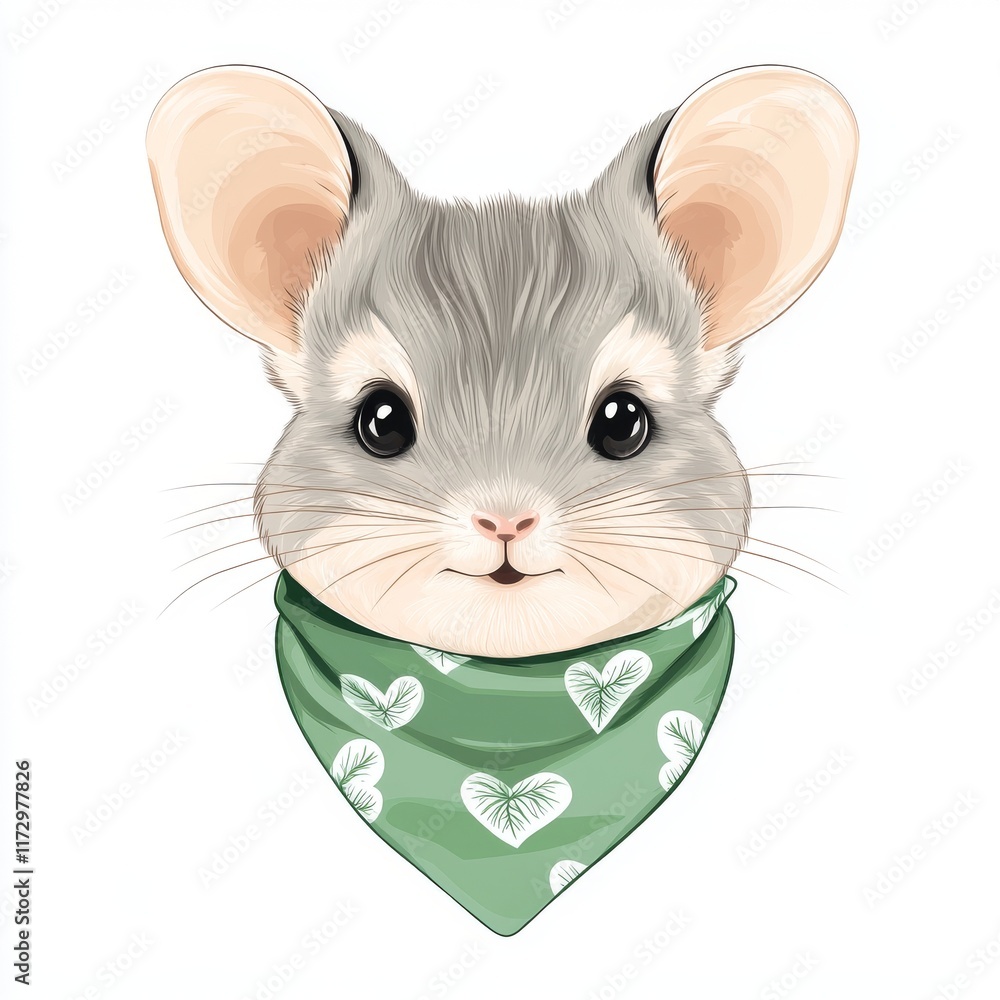 Obraz premium Adorable Small Chinchilla Wearing Vibrant Green Heart Bandana, Cozy and Cute Animal Pet