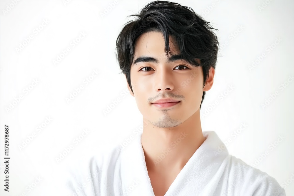 Portrait of Young Japanese Male Model in Bathrobe for Beauty and Skincare Advertisement