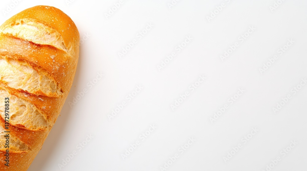 Freshly baked loaf of bread levitating on a white background, creating a visually appealing image with ample copy space for text or design elements Freshly baked loaf of bread levitating on a white background, creating a visually appealing image with ample copy space for text or design elements