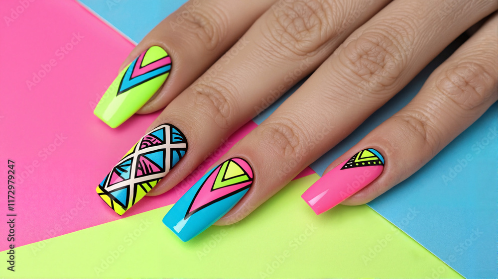 Obraz premium Neon tribal geometric nail art with patterns