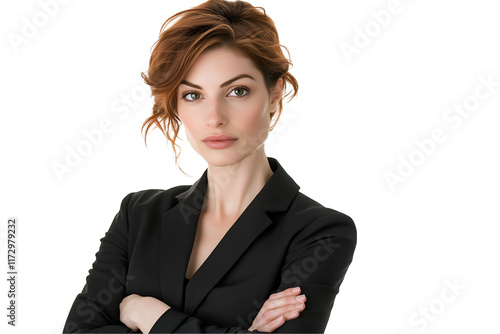 A female entrepreneur standing with folded arms in a power pose, isolated on white background, png, transparent. photo