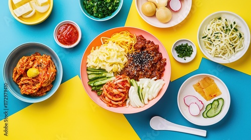 Wallpaper Mural Vibrant korean cuisine with kimchi bulgogi and bibimbap colorful table setting modern kitchen aesthetic presentation Torontodigital.ca