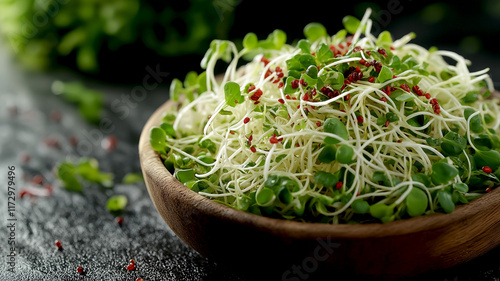 Crunchy spring salad composed of microgreens, healthy eating concept with seasonal produce bursting with vitamins. Natural immune booster full of antioxidants on a light background photo