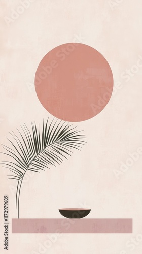 Abstract Minimalist Art Featuring Palm Leaf and Bowl