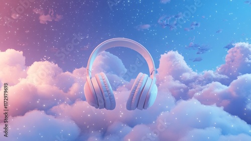 3D headphones floating amidst clouds and stars, representing music and gaming in a dreamy, creative concept.  photo