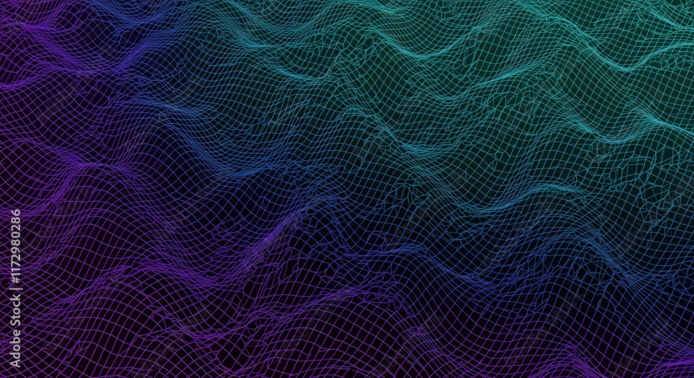 Obraz premium A digital grid glowing in neon colors on a dark background, Smooth 3D Landscape Waveform Terrain Grid Abstract Background, Vibrant neon waveforms in a digital starry landscape