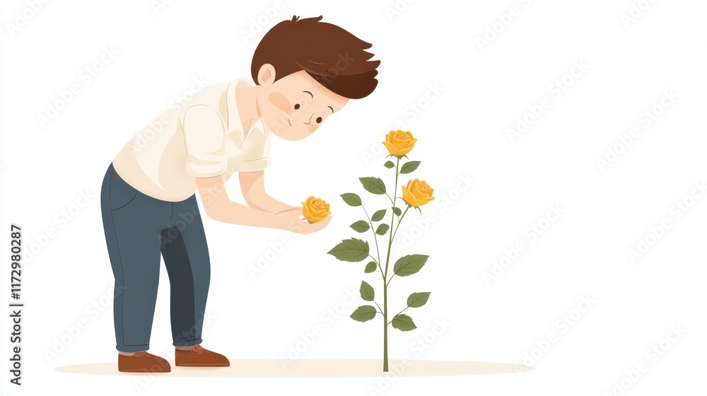 Boy in white shirt observing orange roses with care and curiosity on white backdrop Boy in white shirt observing orange roses with care and curiosity on white backdrop