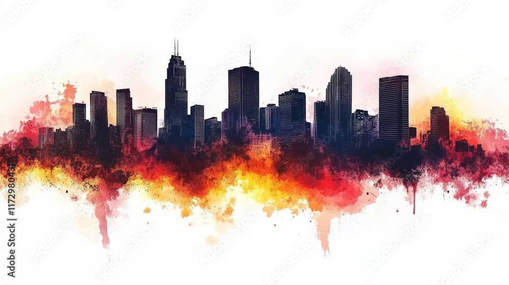 Fototapeta premium Fiery Sunset Cityscape Watercolor Skyline Art