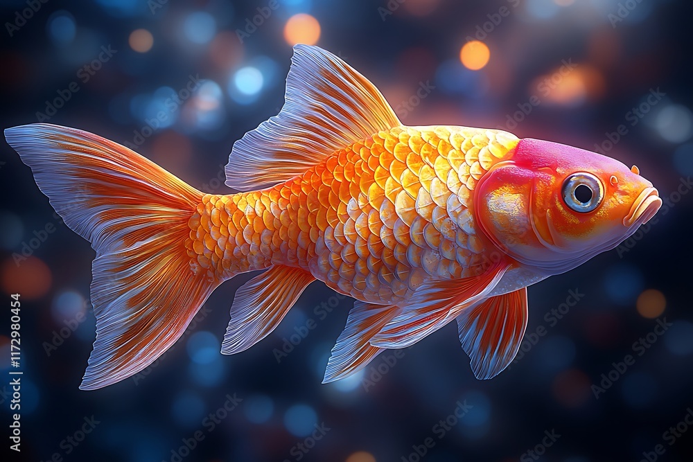 A vibrant orange goldfish swims in a dark background A vibrant orange goldfish swims in a dark background