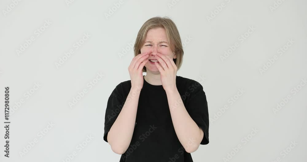 Sad worried young woman experiencing psychological problem on white background Sad worried young woman experiencing psychological problem on white background