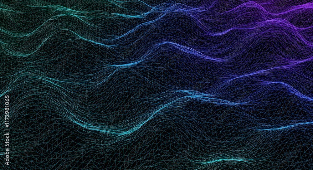 Obraz premium A digital grid glowing in neon colors on a dark background, Smooth 3D Landscape Waveform Terrain Grid Abstract Background, Vibrant neon waveforms in a digital starry landscape