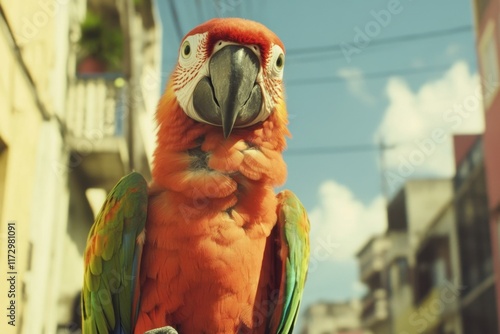 A vibrant scarlet macaw perched outdoors against a city backdrop photo