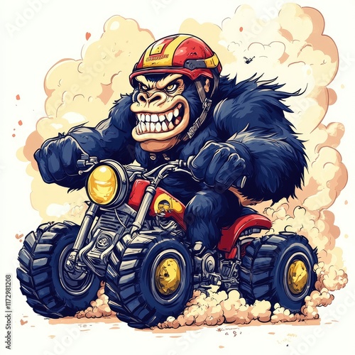 A cartoon gorilla riding a red ATV, showcasing a fierce expression and dynamic motion. photo