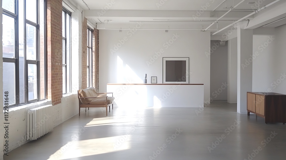 Fototapeta premium Bright open workspace clean lines neutral tones and minimalist decor