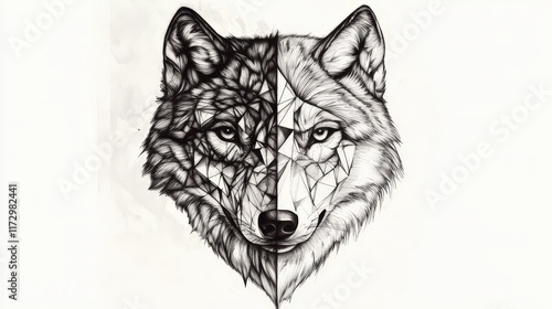 Geometric Wolf Head Artistic Drawing in Black and White