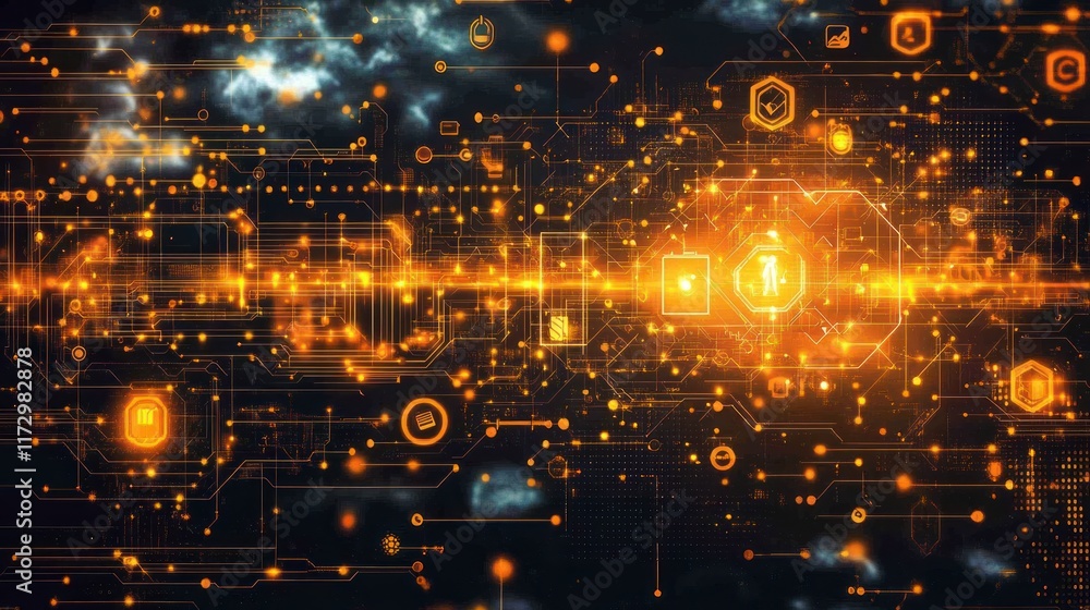 Obraz premium Abstract digital network with glowing circuits and icons representing technology.