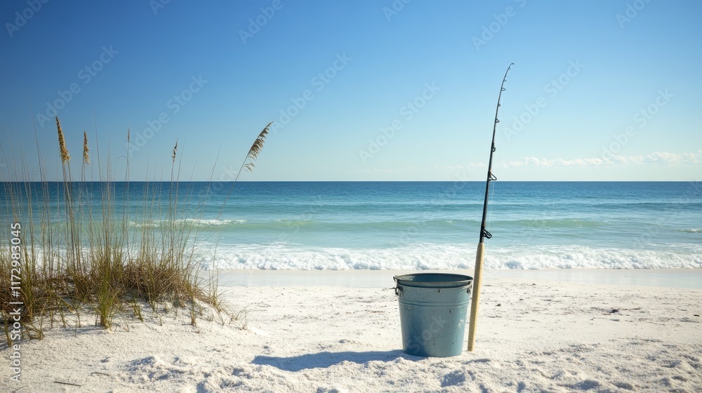A nostalgic shot of a sea bucket beside an old-fashioned fishing pole on a quiet, sandy beach. A nostalgic shot of a sea bucket beside an old-fashioned fishing pole on a quiet, sandy beach.