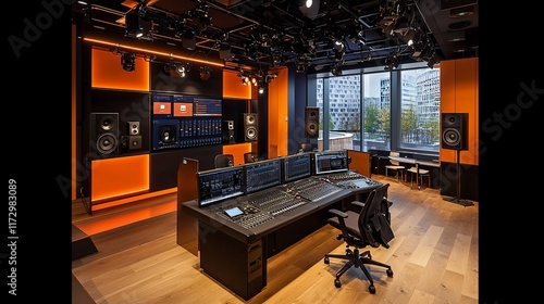 Modern audio mixing studio with large console, monitors, and orange walls. photo