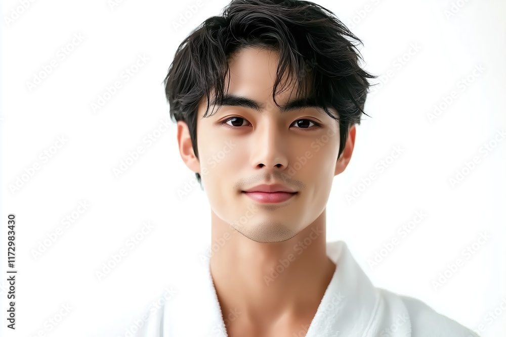 Portrait of Young Korean Male Model in White Bathrobe for Skincare Advertisement Portrait of Young Korean Male Model in White Bathrobe for Skincare Advertisement