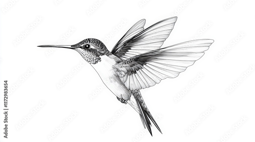 Naklejka premium A Detailed Pen And Ink Drawing Of A Hummingbird In Flight