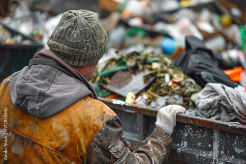 Wallpaper Mural Man Searching for Food in a Dumpster Filled with Waste and Discarded Produce Torontodigital.ca