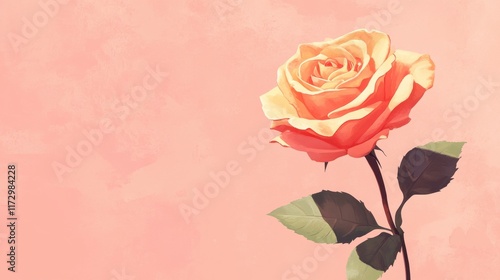 A Single Peach Rose Against a Pink Background
