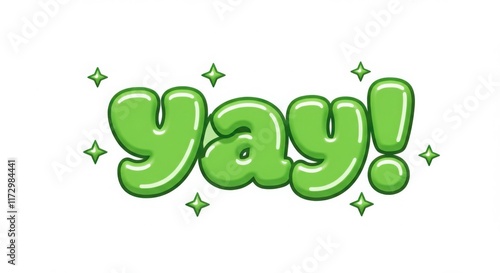 Green Bubble Letter Yay with Sparkles on White