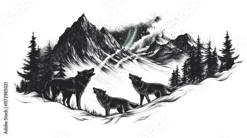 Three Wolves Howling Beneath a Starry Mountain Sky