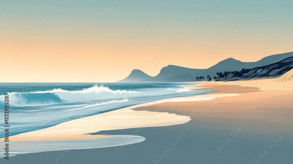 Fototapeta premium Serene sunset beach scene with gentle waves.