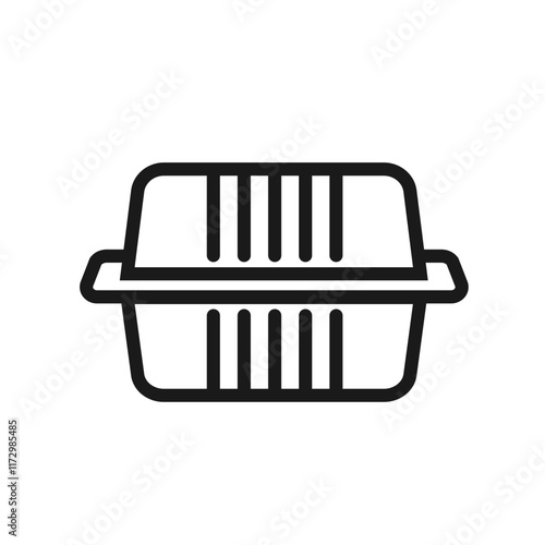 Clamshell hinged lid container for take out food. Line icon design for web purpose. Editable stroke. Take away box for burger, sandwich, cake. Vector illustration isolated on white background