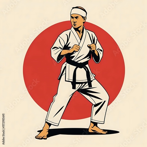 Karateka in Classic Pose: Vintage Martial Arts Illustration photo