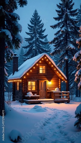 Wallpaper Mural Cozy cabin with festive lights in snowy woods, festive lights, cozy, serene Torontodigital.ca