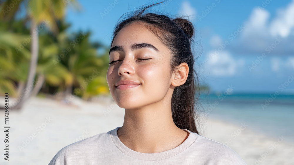 Pakistani woman closed eyes enjoy vacation relax at beach in tropical island Pakistani woman closed eyes enjoy vacation relax at beach in tropical island