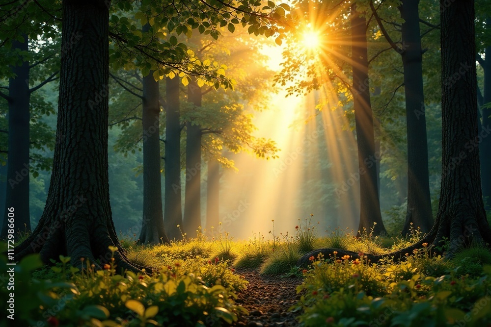 Obraz premium Forest glade with warm sunbeams filtering through trees, trees, soothing, branches