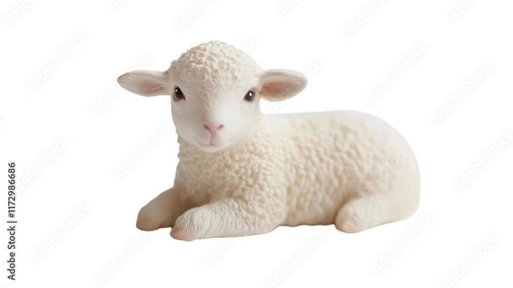 Fototapeta premium Cute white lamb isolated on transparent background, fluffy baby sheep lying down, farm animal PNG cutout for design